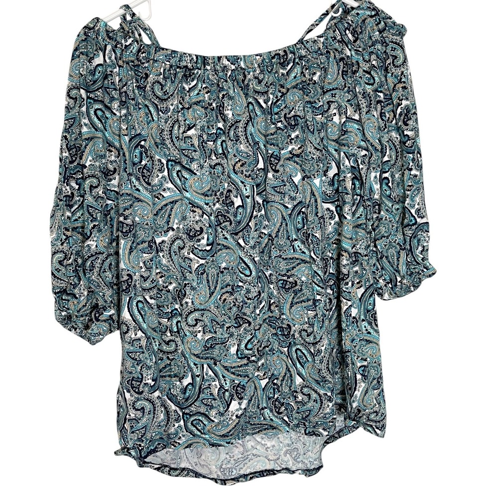 Michael Kors 1X Blue Paisley Off Shoulder Puff Sleeve Top Boho Coastal Chic - Picture 2 of 8